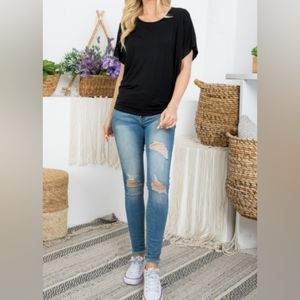 Ruffle Short Sleeve Blouse Solid Black